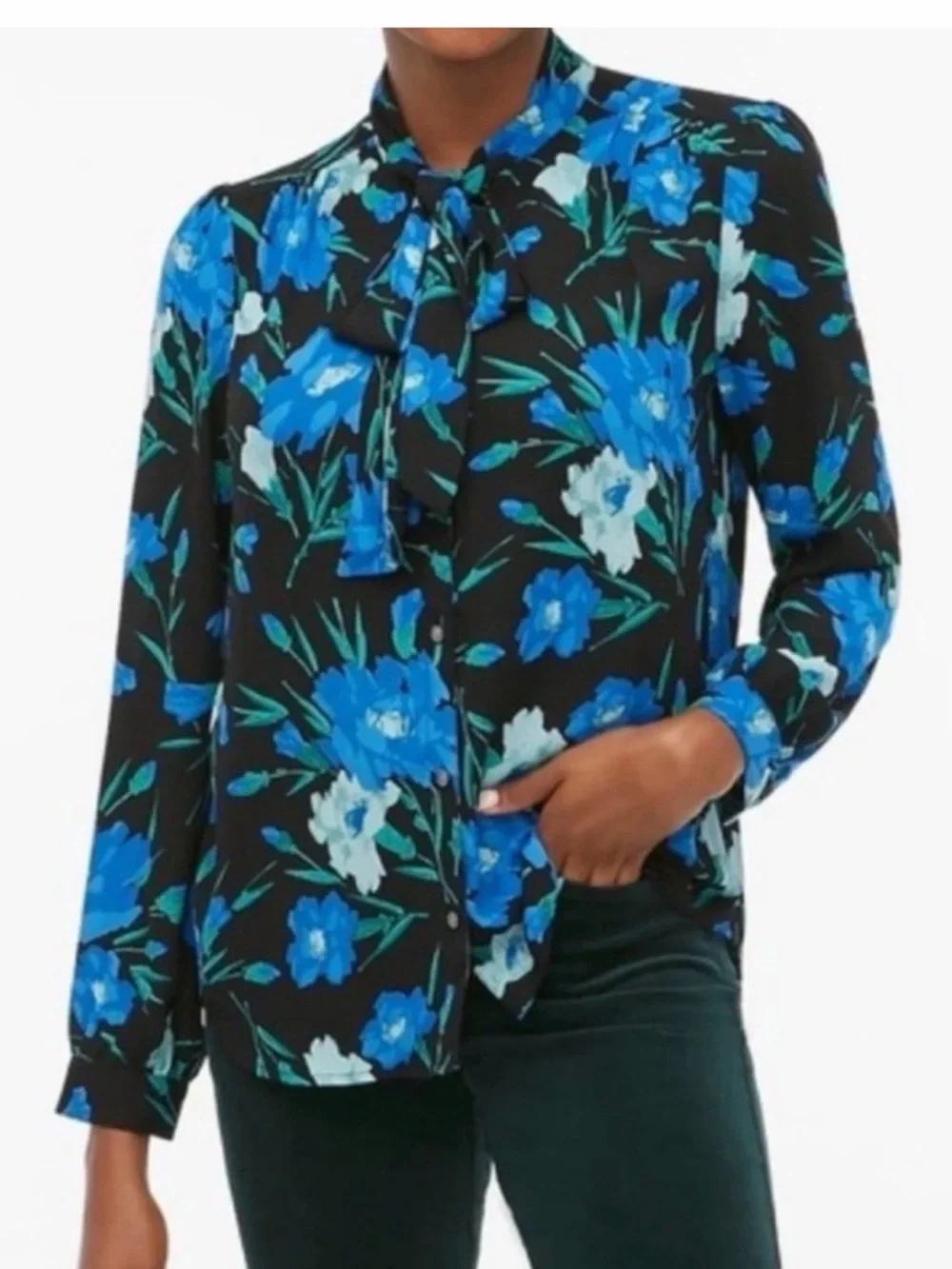 Women's Blue Floral Tie-Neck Blouse